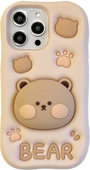 Niedliche 3D Bär Silikon Handyhülle mit integriertem Halter Ständer von ASONPAI in Beige für iPhone 7 bis iPhone 16 Pro Max - Bild 1