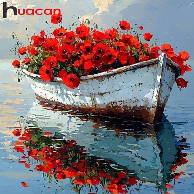 Huacan DIY Diamantmalerei Schiff und Blumen Mosaik Dekoration, 20 x 20 cm - Bild 1