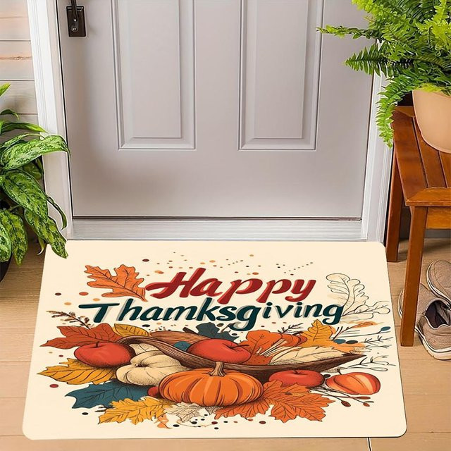 Thanksgiving Fußmatte mit Kürbis und Truthahn Design sowie Herbstblättern, rutschfeste Bodenmatte für deine Heimdekoration, B/T: 50 x 30 cm - Bild 1