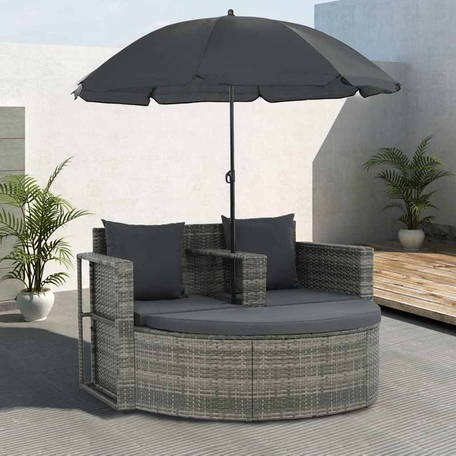 vidaXL Garten-Sofagarnitur aus grauem Poly-Rattan mit 2-Sitzer-Sofa, Fußstütze und Sonnenschirm - Bild 2