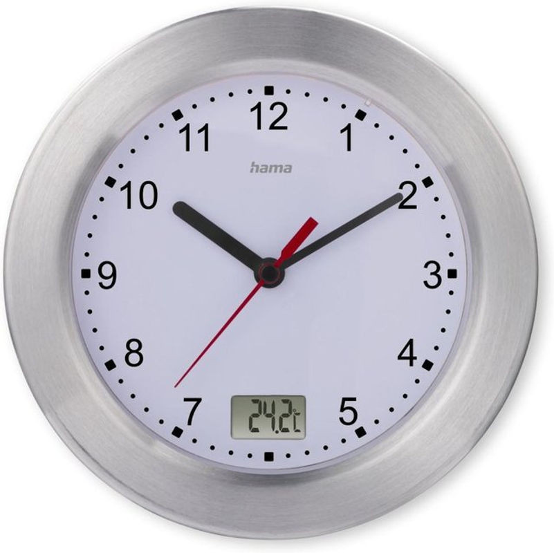 Hama Badezimmeruhr Mauritius Wanduhr mit Thermometer, geräuschlos, silber, Durchmesser: 17 cm - Bild 1