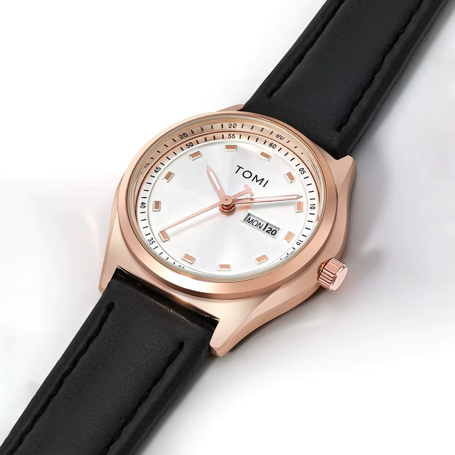 TOMI Armbanduhr Damen, Quarz, Leder, Roségold, Weiß, Rund - Bild 2