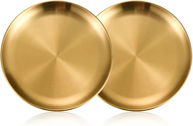 JANKNG 2er-Set Runde Servierplatten aus Edelstahl in Gold für Camping und BBQ - Bild 1