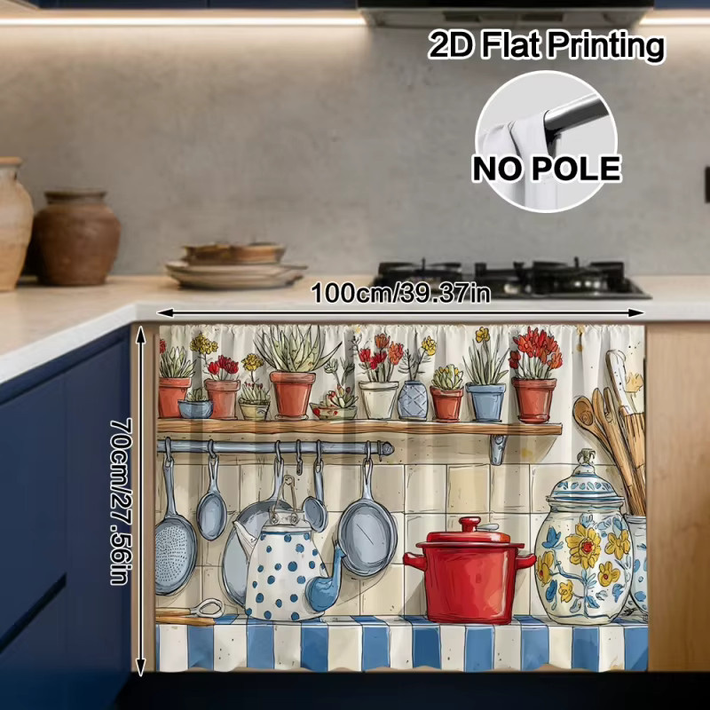 VIKAMA Kurze Küchengardinen mit Topfpflanzenmuster, Halb-Fenstervorhänge in Multicolour für Café und Heimdekoration - Bild 2