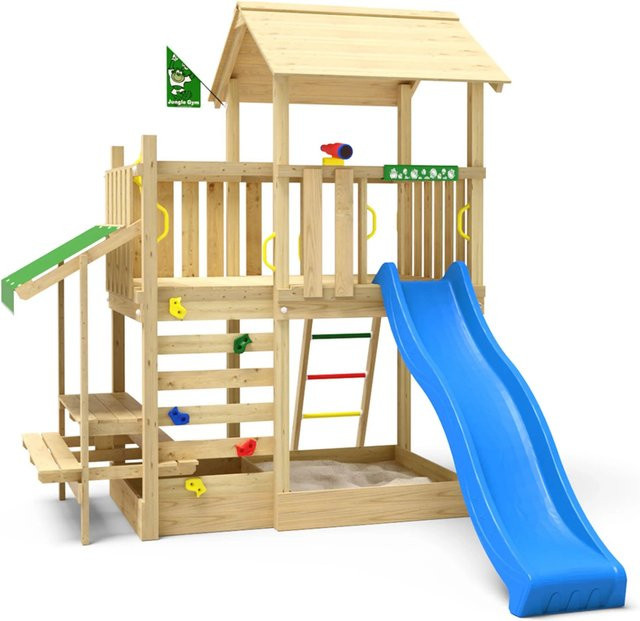 Jungle Gym Spielturm Plaza Holz Turm mit Picnic Modul und Rutsche in Blau - Bild 1