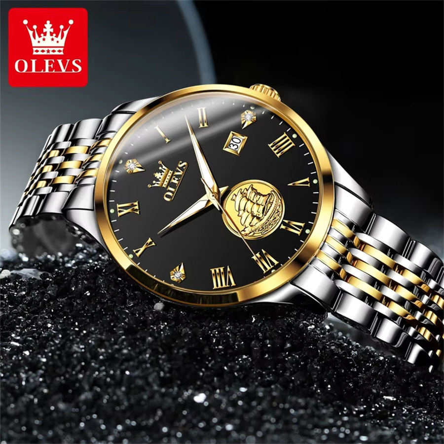 OLEVS Armbanduhr Automatik, Edelstahl, Gold, Schwarz, Herren - Bild 3