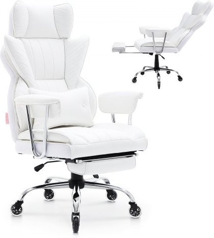 VEVOR Chefsessel aus weißem PU-Leder mit Fußstütze, ergonomischer Bürostuhl mit Lendenwirbelstütze und Kopfstütze, höhenverstellbarer Drehsessel mit Metallbasis, Weiß - Bild 1