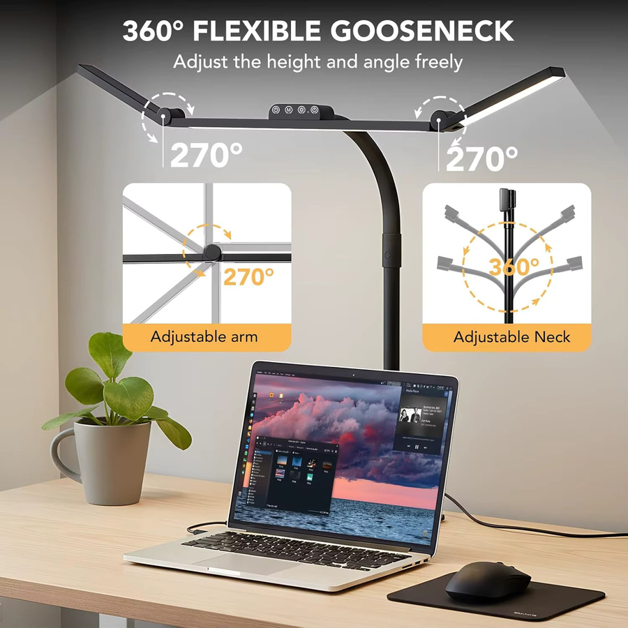 Dimmbare LED-Schreibtischlampe von aiopp in Schwarz mit 360 Grad flexiblem Schwanenhals und verstellbarem Schwenkarm für Home Office und zum Lesen - Bild 5