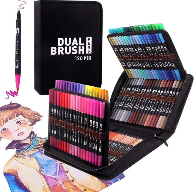 Doppelseitiges Manga Marker Set mit Pinselspitze in Multicolour für Schule und Zeichnungen, 120 Stück - Bild 1