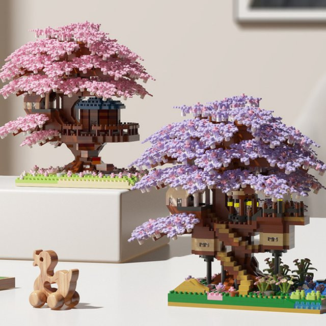 LOZ Kirschblüte Blume Baum Haus Zug, Bausteine, Lila, Rosa / Pink - Bild 1
