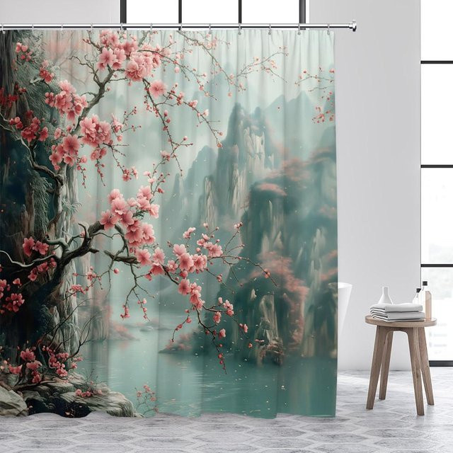 Baifenbai Home Furnishing Duschvorhang Japanische Landschaft mit Kirschblüten und Vögeln, Rosa, B: 200 cm, H: 180 cm - Bild 1