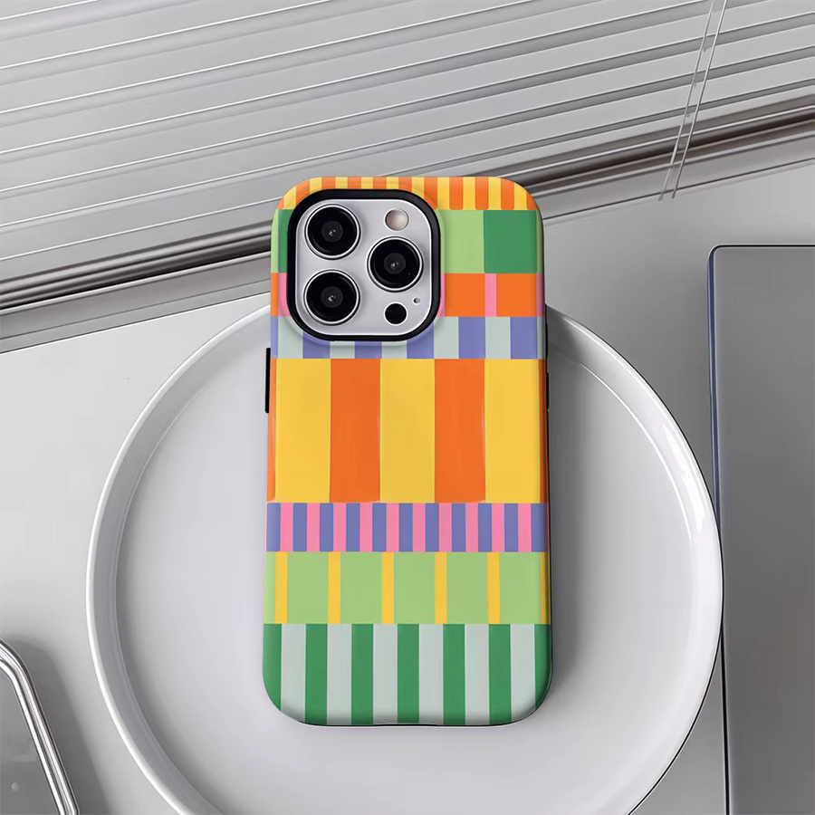 Potdemiel Patchwork-Handyhülle mit buntem geometrischem Design für iPhone 12 bis iPhone 18 Pro Max Plus mit doppelschichtigem Rückseitenschutz, Multicolor - Bild 3