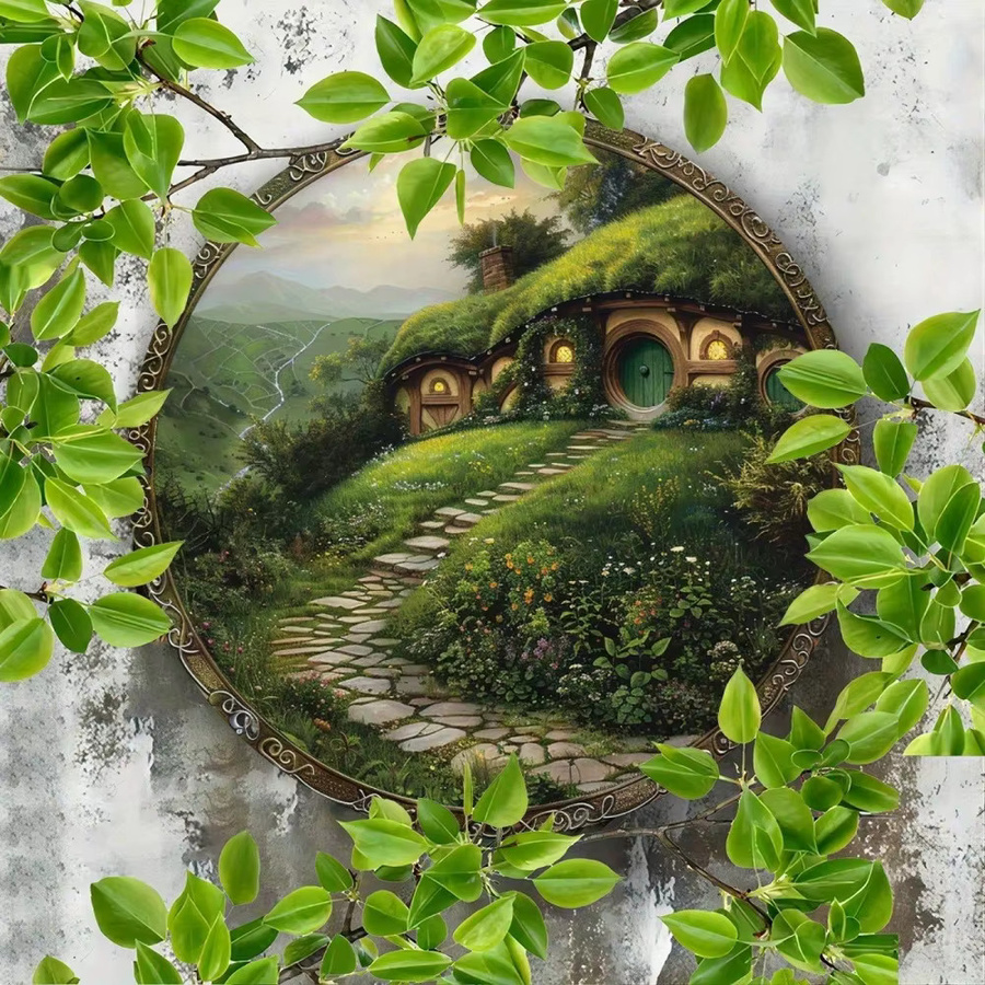 VintageLoom Rustikales Hobbit-Haus Metallschild in Mehrfarbig mit Dämmerungsdesign als runde Wandkunst für drinnen und draußen - Bild 3