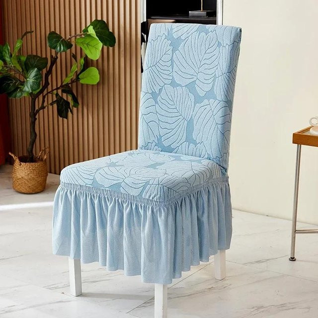 Blätter Jacquard Esszimmerstuhlbezug mit Schößchen in Blau, elastische Stretch-Stuhlhussen für dein Zuhause oder besondere Anlässe - Bild 1