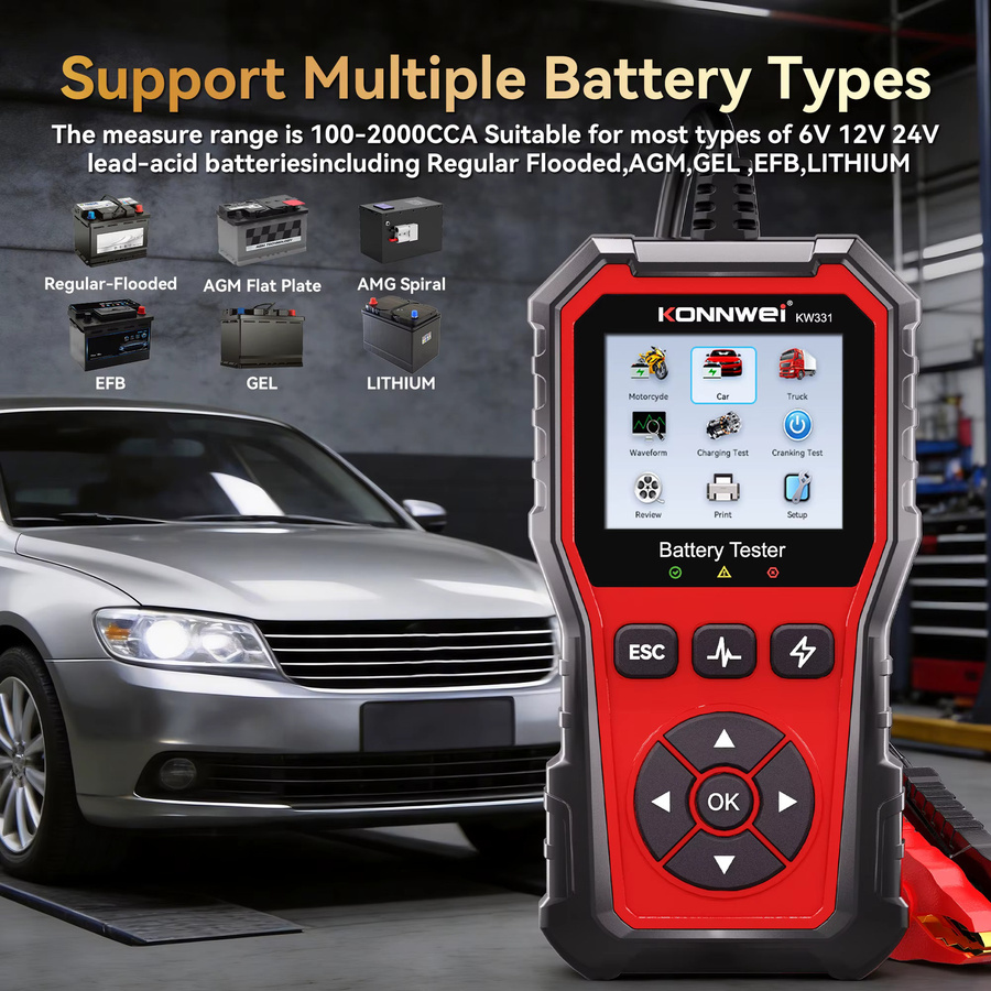 KONNWEI KW331 Auto Batterie Tester für 6 V-12 V-24 V und 100-2000 CCA professioneller Anlasser und Ladeschaltung Analysator - Bild 3