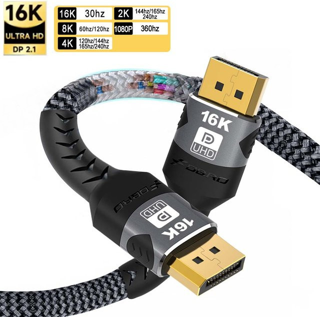 FDBOY DisplayPort 2.1 Kabel Schwarz, 80Gbps für 16k @ 60Hz, 8k @ 120Hz und 4k @ 240Hz, DP zu DP für PC, Laptop, Gaming-Monitor und Konsole - Bild 1