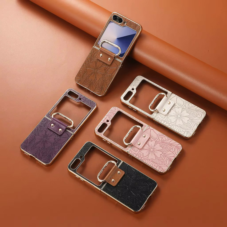 SZMUGUA Lederhülle mit geprägtem Blumenmuster und Ringhalterung für Samsung Galaxy Z Flip 7 FE, Farbe: Braun - Bild 4