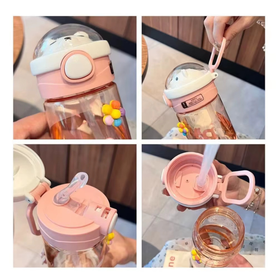 SLAIXIU Trinkflasche für Kinder mit Cartoon-Tier-Design, Blau, 550 ml, auslaufsicherer Trinkbecher mit Stroh und Sicherheitsverschluss - Bild 2