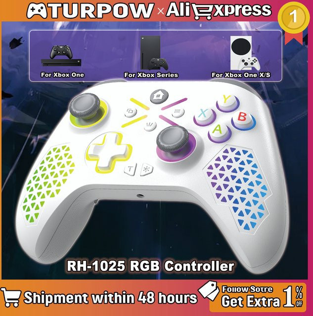 Turpow RGB Gamepad Controller für Xbox One und Xbox Series S/X, kabelloser Controller mit Dual Vibration und 6-Achsen-Gyroskop, Weiß - Bild 1
