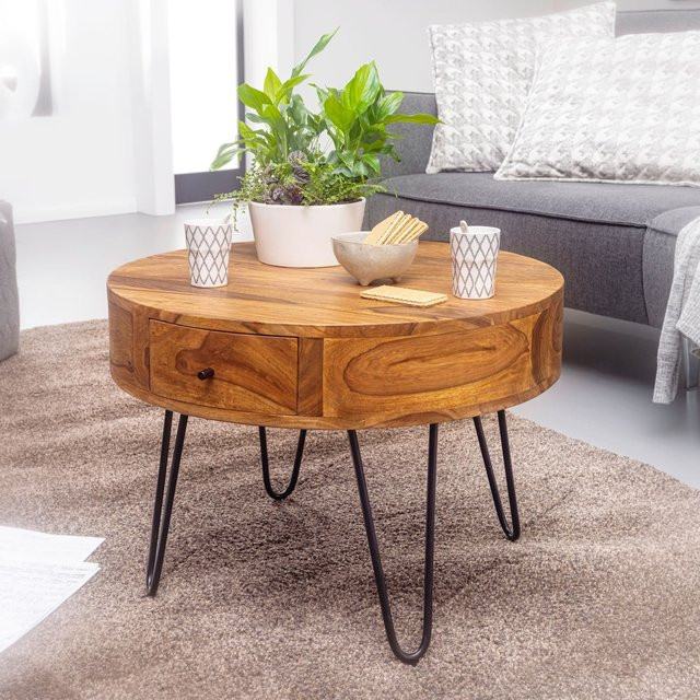 FineBuy Couchtisch aus Sheesham Massivholz rund in Braun mit Schublade, Durchmesser: 60 cm, Höhe: 44,5 cm - Bild 1