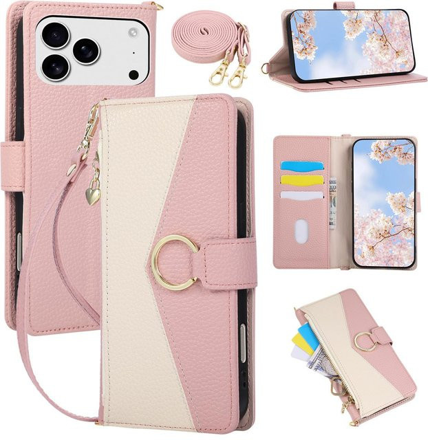 Crossbody Leder Handyhülle mit Reißverschluss und Handgelenkband für Apple iPhone, Farbe: Grau - Bild 1