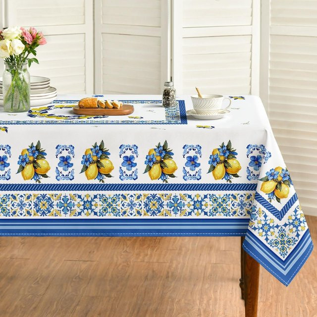 JINGYUE Pet Tischdecke mit Zitronen und blauen Fliesen Motiv, rechteckig, blau-weiß, B/L: 100 x 160 cm - Bild 1