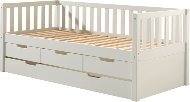 Kojen Bett Fritz von vipack aus Kiefer massiv in Weiß lackiert mit Sprossenumrandung, 3 Schubladen und Rolllattenrost, Liegefläche B: 90 cm, L: 200 cm - Bild 1