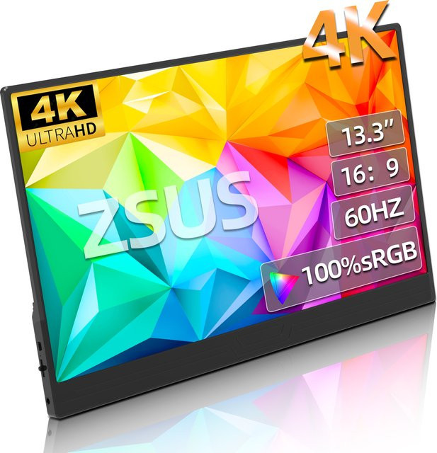 ZSUS 13 Zoll 4K UHD Tragbarer Monitor mit 60Hz in Schwarz für Laptop, PC, Smartphone und Konsolen - Bild 1