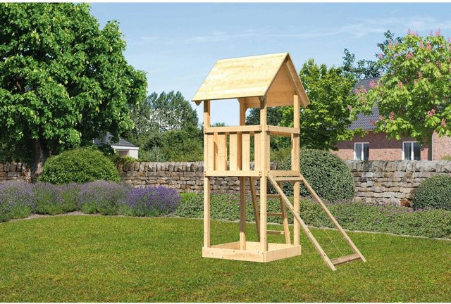 Karibu Spielturm Lotti in Braun mit Sandkiste und Netzrampe - Bild 1