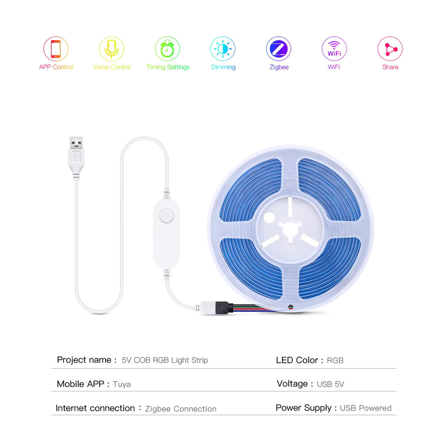 Rybakov ZigBee COB LED Streifen RGBWW mit Controller, Smart Tuya & Alexa kompatibel, USB 5V dimmbar, Multicolour Neon Band für Schlafzimmer und Dekoration - Bild 2