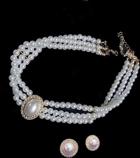 KMVEXO Schmuckset, Perlen Choker Halskette, Ohrringe, Kristall Strass, Damen, grau - Bild 1