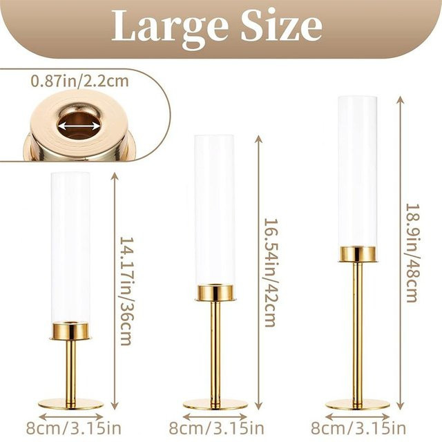 3-teiliges Kerzenhalter-Set von Yiran Furniture aus Metall und Glas in Gold für Stabkerzen zur Tischdekoration bei Hochzeiten und Partys - Bild 1