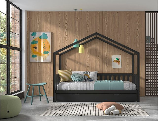 Vipack Dallas Hausbett aus Kiefer mit seitlicher Umrandung und Bettschublade, Anthrazit, Liegefläche: 90 x 200 cm - Bild 1