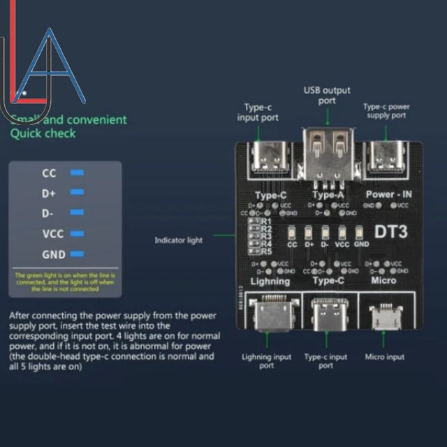 LUA DT3 Board USB C-Anschlusskabel mit Ein-/Aus-LED zur Schaltungsdiagnose für iOS, Android und Typ-C-Mikrotester in Schwarz - Bild 1