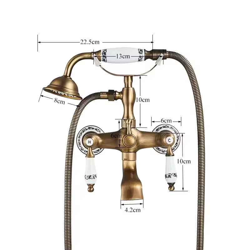 Wanmivezlo Badewannen-Duscharmatur-Set aus Messing in Antique Brass Gold mit Doppelgriffen und schwenkbarem Wannenauslauf, wandmontierte Mischbatterie - Bild 2