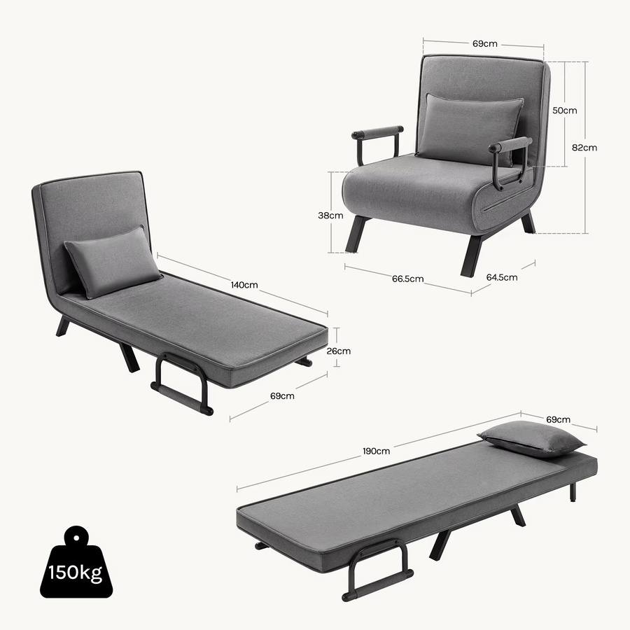 WOLTU 3-in-1 Klappstuhl mit Bettfunktion und Chaiselongue, verstellbare Rückenlehne und Metallrahmen, Schlafsofa für Erwachsene in Blau oder Grau - Bild 4