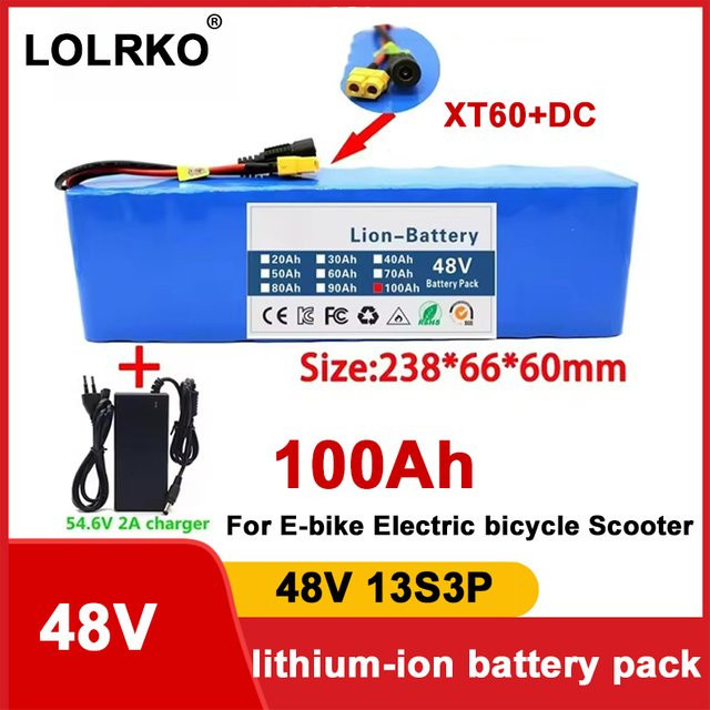 LOLRKO Lithium-Ionen-Akku 48V 100Ah 2000W 13S3P mit XT60-Anschluss und BMS in Blau inklusive 54,6V-Ladegerät - Bild 1