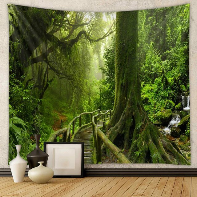 VIKAMA Wandbehang Regenwald mit grünem moosigem Wald, Holzbrücke und Wasserfall, Wandteppich für dein Wohnzimmer oder Schlafzimmer, B/H: 75 x 58 cm - Bild 1