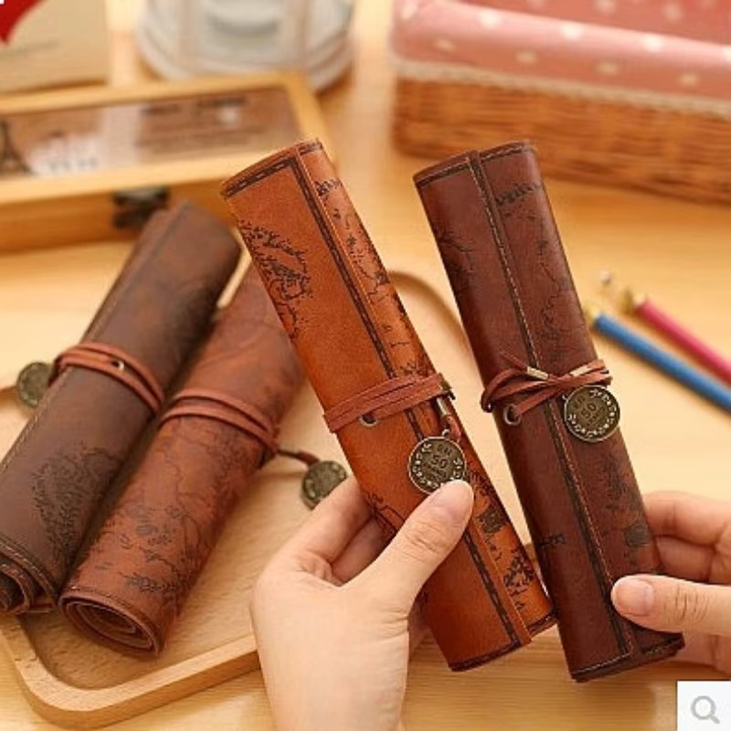 Retro Schreibwaren-Organizer aus Canvas und Leder in Braun mit Roll-up-Design und großer Kapazität - Bild 2