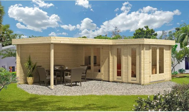 Finntherm Gartensauna Quinta ISO Naturbelassen in Braun und Beige, Wandstärke: 44 mm, B x T: 520 x 480 cm - Bild 1