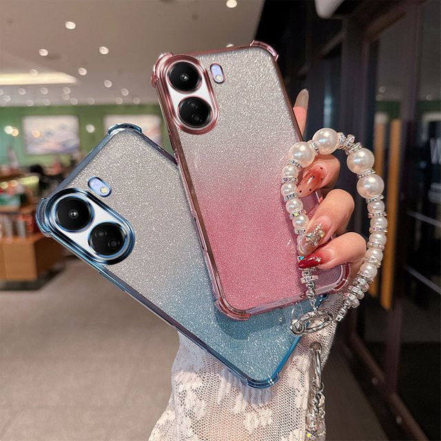 Luxuriöse TPU-Handyhülle mit Gradient Glitter und Perlenketten-Handschlaufen für Xiaomi Redmi 13C 4G und Poco C65 in Pink Multicolour - Bild 1