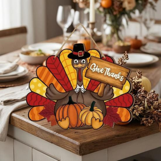 Aunel Thanksgiving Wandbehang aus Holz mit Truthahn, Kürbis und Ahornblättern in Mehrfarbig – Rustikale Farmhaus Herbst Ernte Dekoration - Bild 6