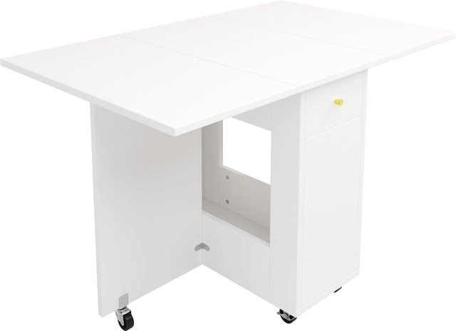 okwish Esstisch klappbar in Weiß mit offenem Stauraum, 2 Schubladen und bremsbaren Rollen, B: 120 cm, H: 75 cm, T: 75 cm - Bild 1