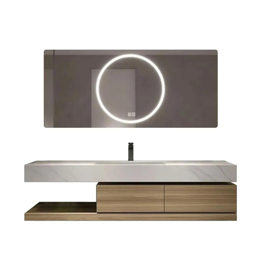 360Home Badezimmer-Waschtisch-Set mit Keramik-Waschbecken, Schrank und LED-Spiegel in Braun - Bild 2