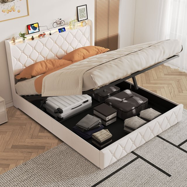 Anajqaqia Hydraulikbett mit Stauraum aus Samt, Doppelbett mit hohem Kopfteil, B/B: 140 x 200 cm - Bild 1