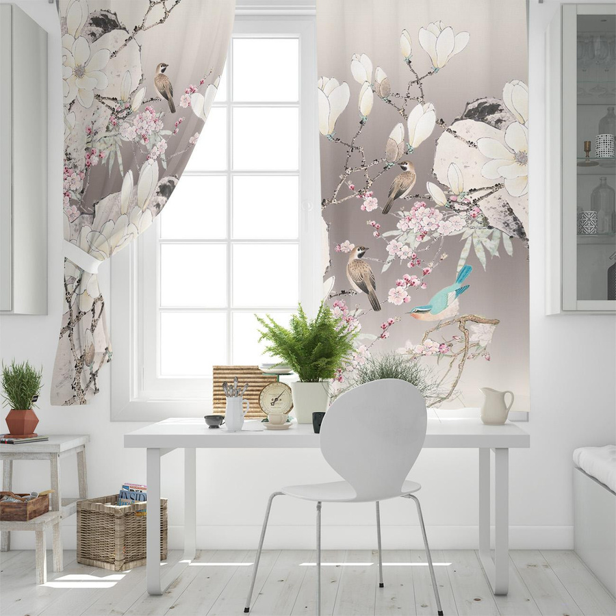 Binchi Outdoor Equipment Dekorative Fenstergardinen im orientalischen Stil mit Blumen- und Vogelillustration, halbtransparent, Polyester, Breite: 135 cm, Höhe: 60 cm - Bild 2