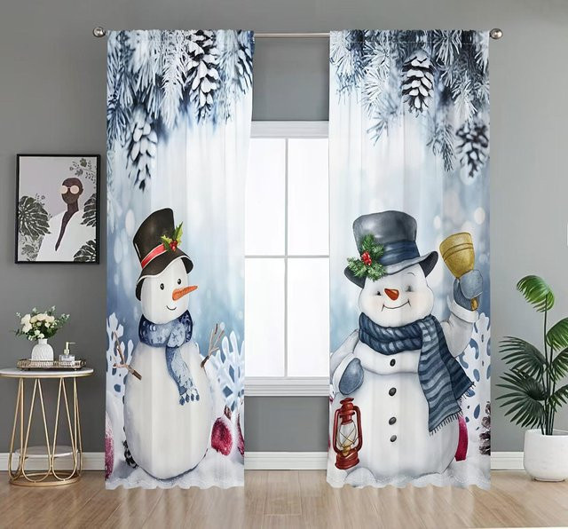 2er-Set Weihnachts-Vorhänge mit Schneemann- und Kiefern-Print, halbtransparent, Polyester, B/H: 50 x 50 cm - Bild 1