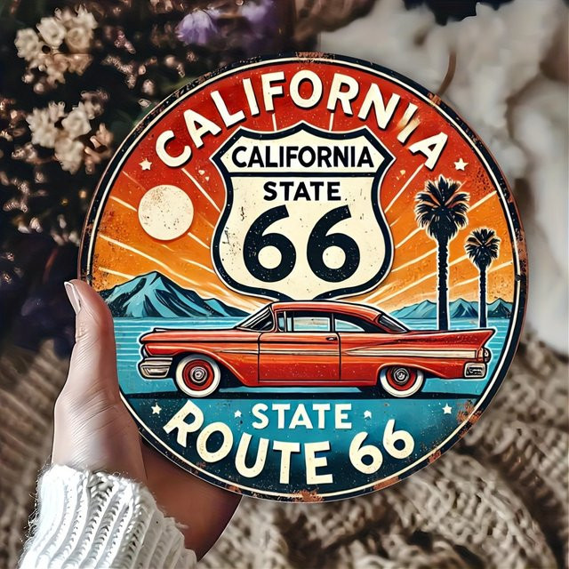 Potdemiel California Route 66 Vintage Metallschild, rund, mehrfarbig, Durchmesser: 20 cm - Bild 1