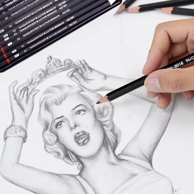 Zeichenstift Set mit 12 Stück Bleistiften in Schwarz für Schule und Kunst, inklusive Metallbox, Graphit-Bleistifte HB 2H 2B - Bild 4