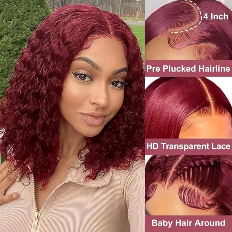 Doralia Tiefe Welle Bob Perücke, Brasilianisches Remy Echthaar, 99J Burgund, 13x4 HD Transparent Spitze, Unisex - Bild 2